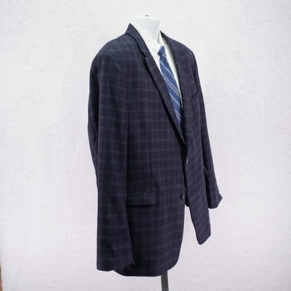 Tommy Hilfiger Soft Flannel Worsted‎ Wool Sport Coat 48R Blue Windowpane Tag 50L